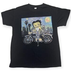 Betty Boop Starry Night Motorcycle Graphic Tee Black Retro Art Shirt Size Medium